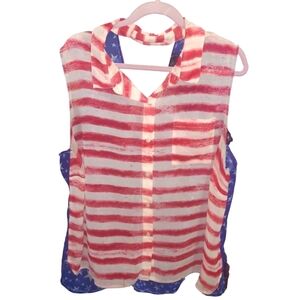 Jessica Simpson Semi Sheer Sleeveless Cut Out American Flag Top Sz 3X